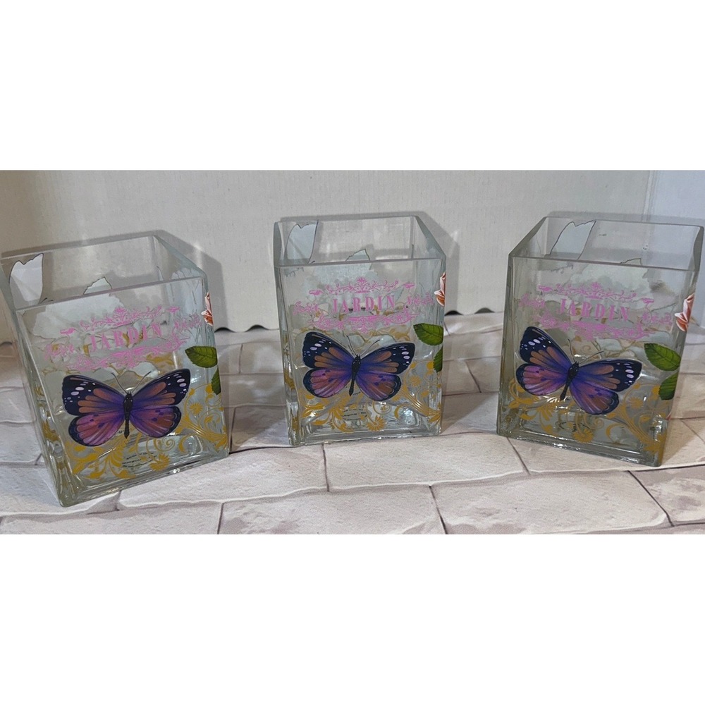 Teleflora Gift Le Jardin Square Glass Vases Set of 3 Pink Rose Butterfly Gold